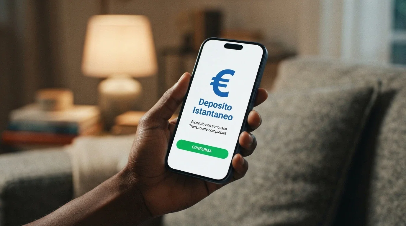 Uno smartphone che mostra l'interfaccia di pagamento PayPal con l'importo in euro e la conferma di deposito su un casinò online