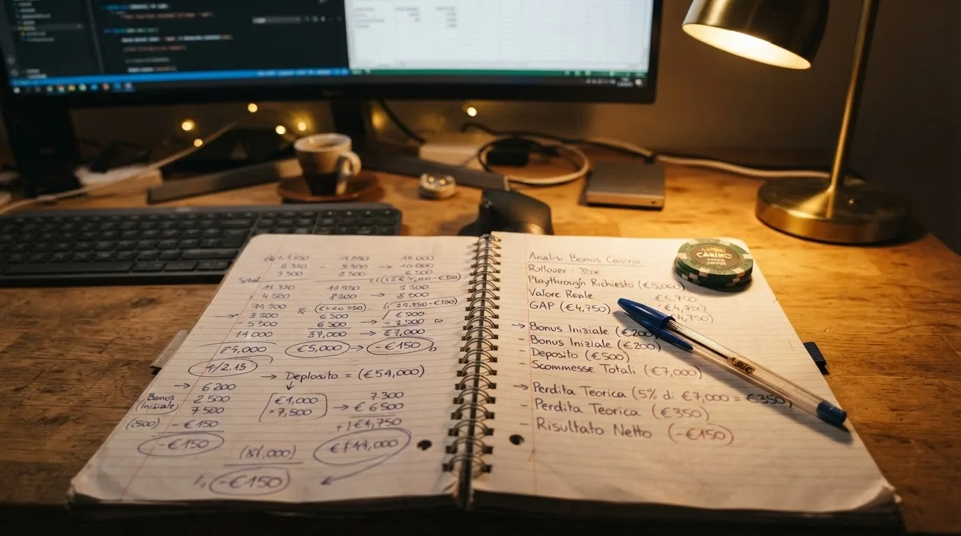 Un primo piano di una calcolatrice accanto a un contratto di bonus con i termini in evidenza: percentuale, rollover, scadenza